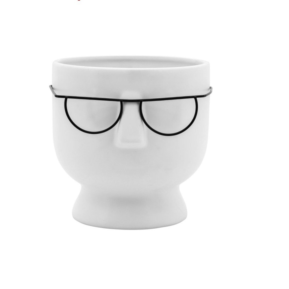 Face with glasses 6in ceramic planter white
